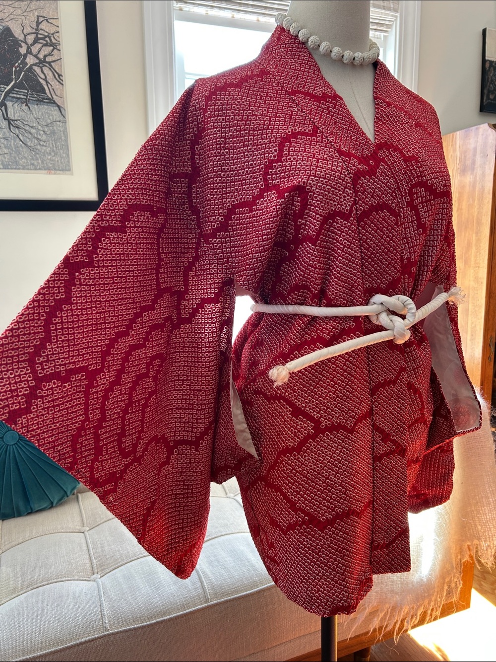 Stunning Vintage Silk Haori Kimono Jacket – Crimson & White Kanoko Shibori - Picture 11 of 14